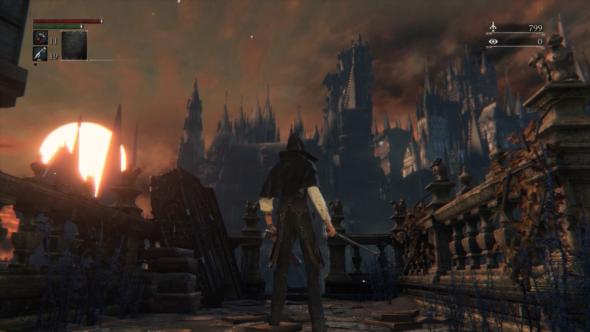 La ciudad de Yharnam al atardecer