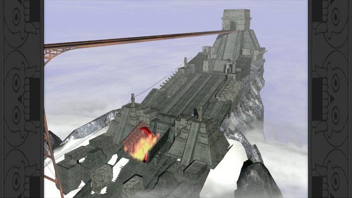 una piramide azteca con una larga pista de tren