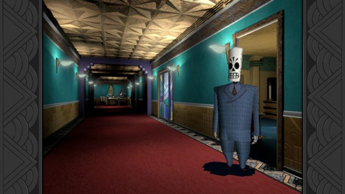 una calavera con un traje dentro de un pasillo de oficinas