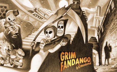 Manny Calavera con su guadaña abrazando a Meche