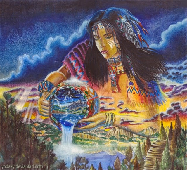 Retrato de Kokumthena, diosa vertiendo agua de un cuenco hacia el mundo