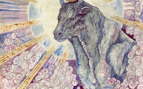Portada del album: un toro con un disco solar emanando luz, rodeado de nubes