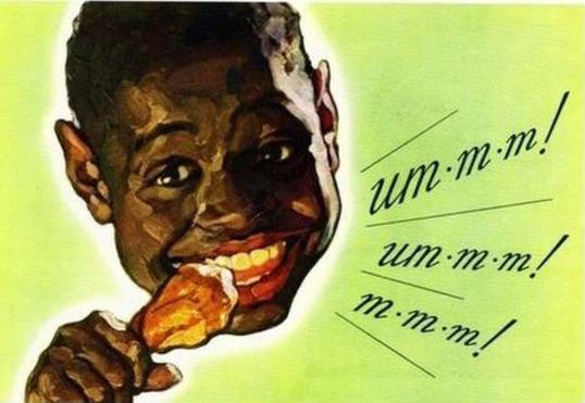 caricatura ridicula de un niño negro comiendo pollo