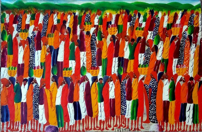 Pintura de muchas personas negras en atuendos coloridos unas junto a las otras