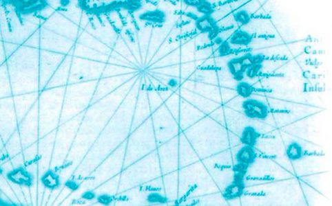 Mapa del caribe con lineas conectando las islas
