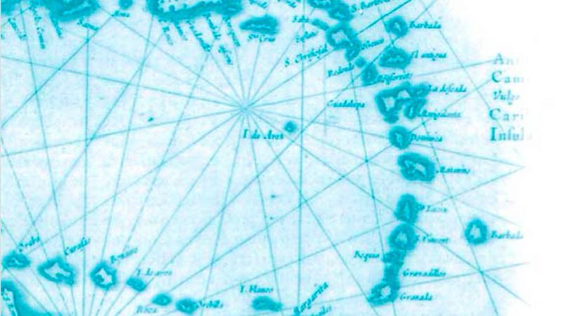 Mapa del caribe con lineas conectando las islas