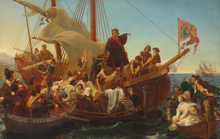 Pintura de cristobal colón en un barco con multiples personas listos para zarpar