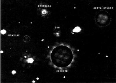 Mapa de planetas mostrando Drexciya, Ociya Syndor, Bowslac, Ceeroze y un sol